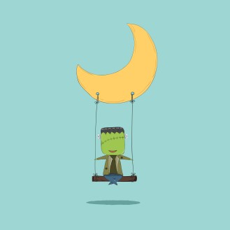 October 16, 2015 Cartoon Frankenstein swinging on a moon, drawin